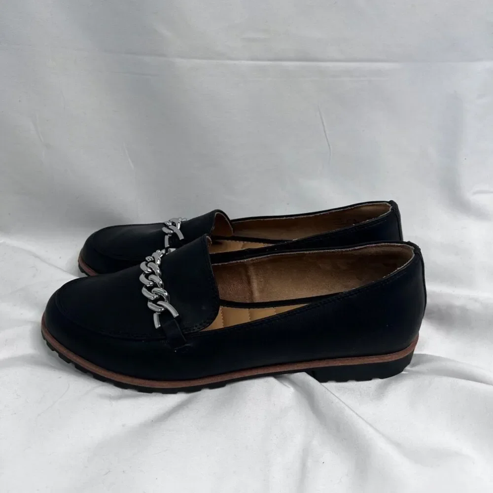 Me Too Colby Black Slip On Flat Loafers Silver Chain Detail Size‎ 7.5M